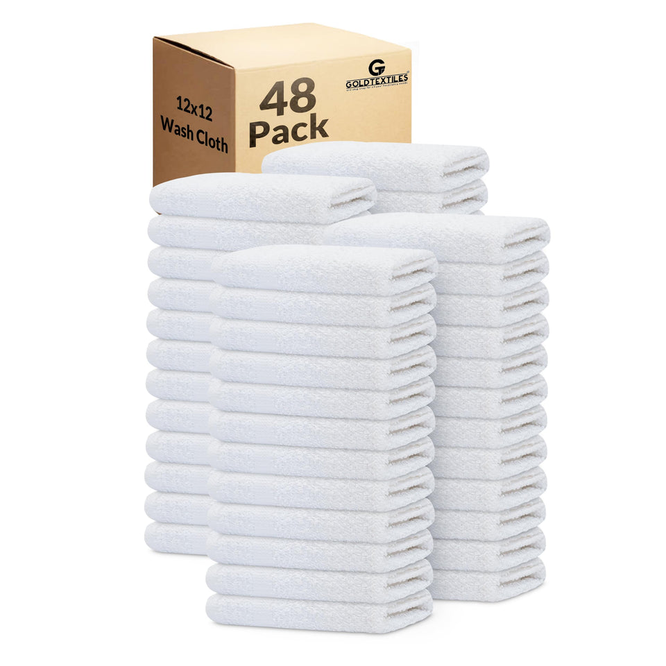 GOLD TEXTILES 48-pack washcloth close-up shows soft cotton blend and quick-dry performance for daily use.