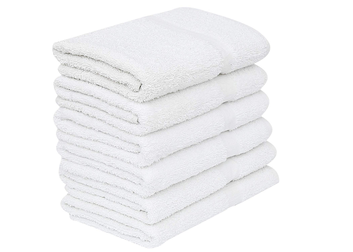 Gold Textiles 6-pack white bath towels 24x48 inches, durable for daily hotel or home use.
