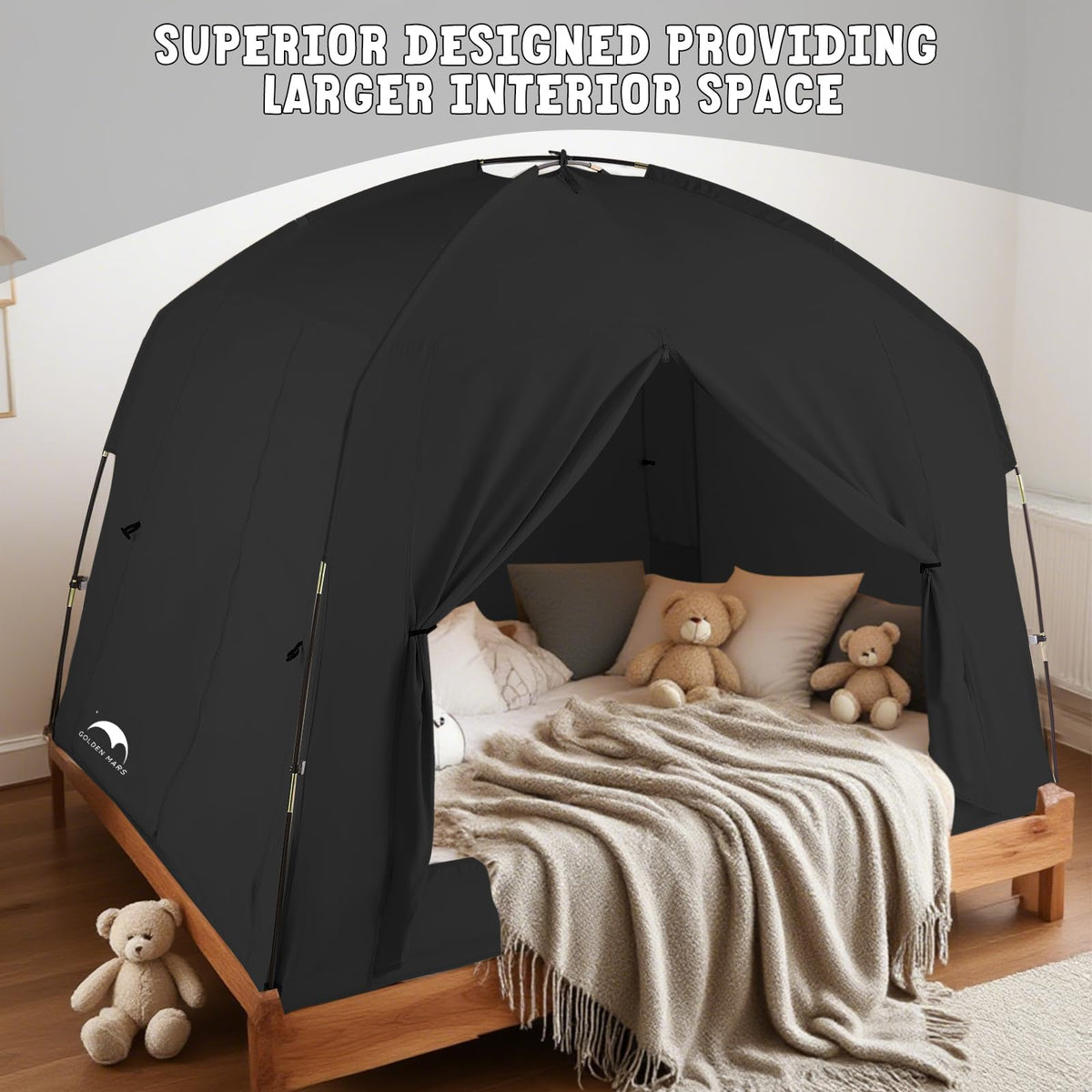 GOLDEN MARS bed tent side entry shows inside outside access