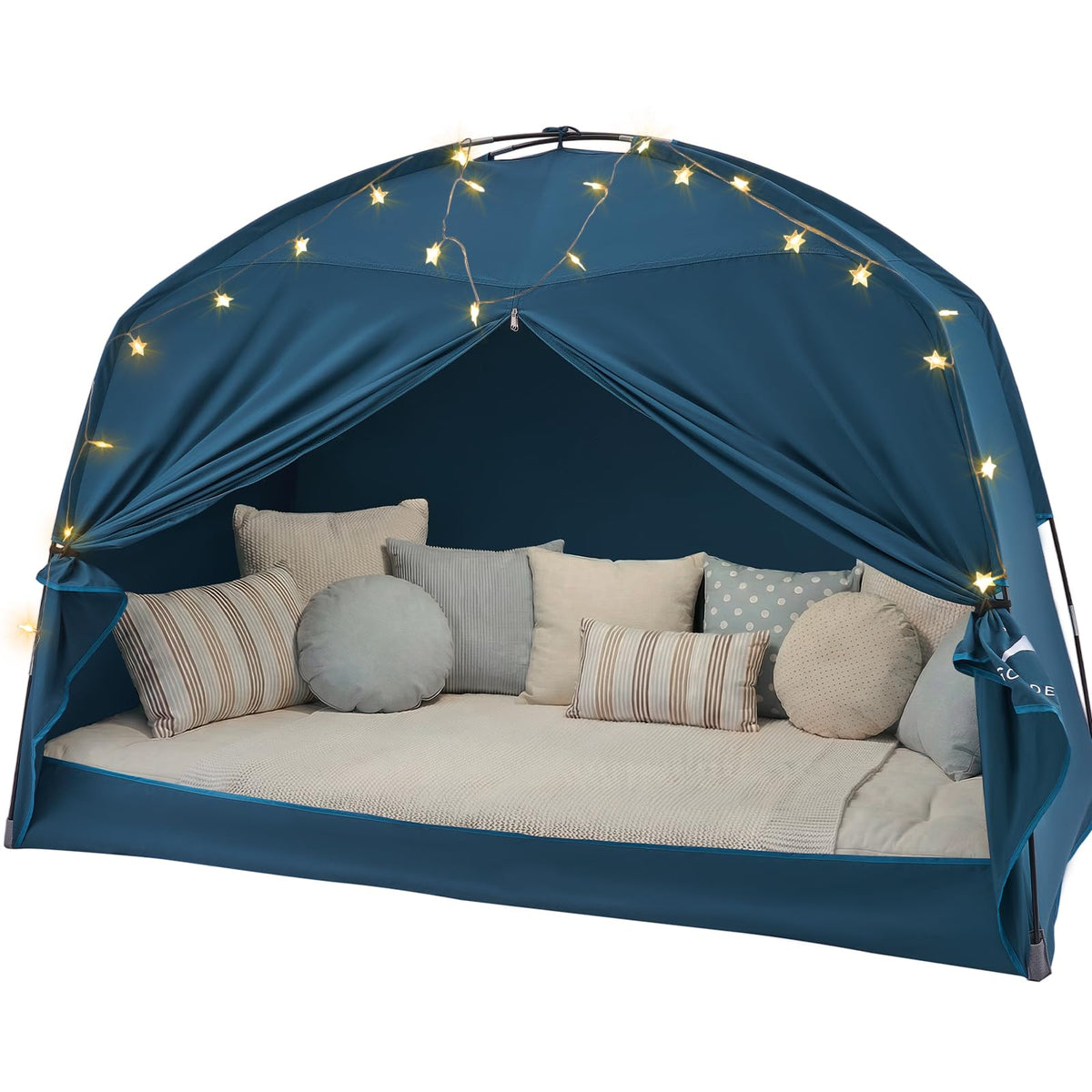 Golden Mars blue twin bed tent with star lights creates a magical sleep space