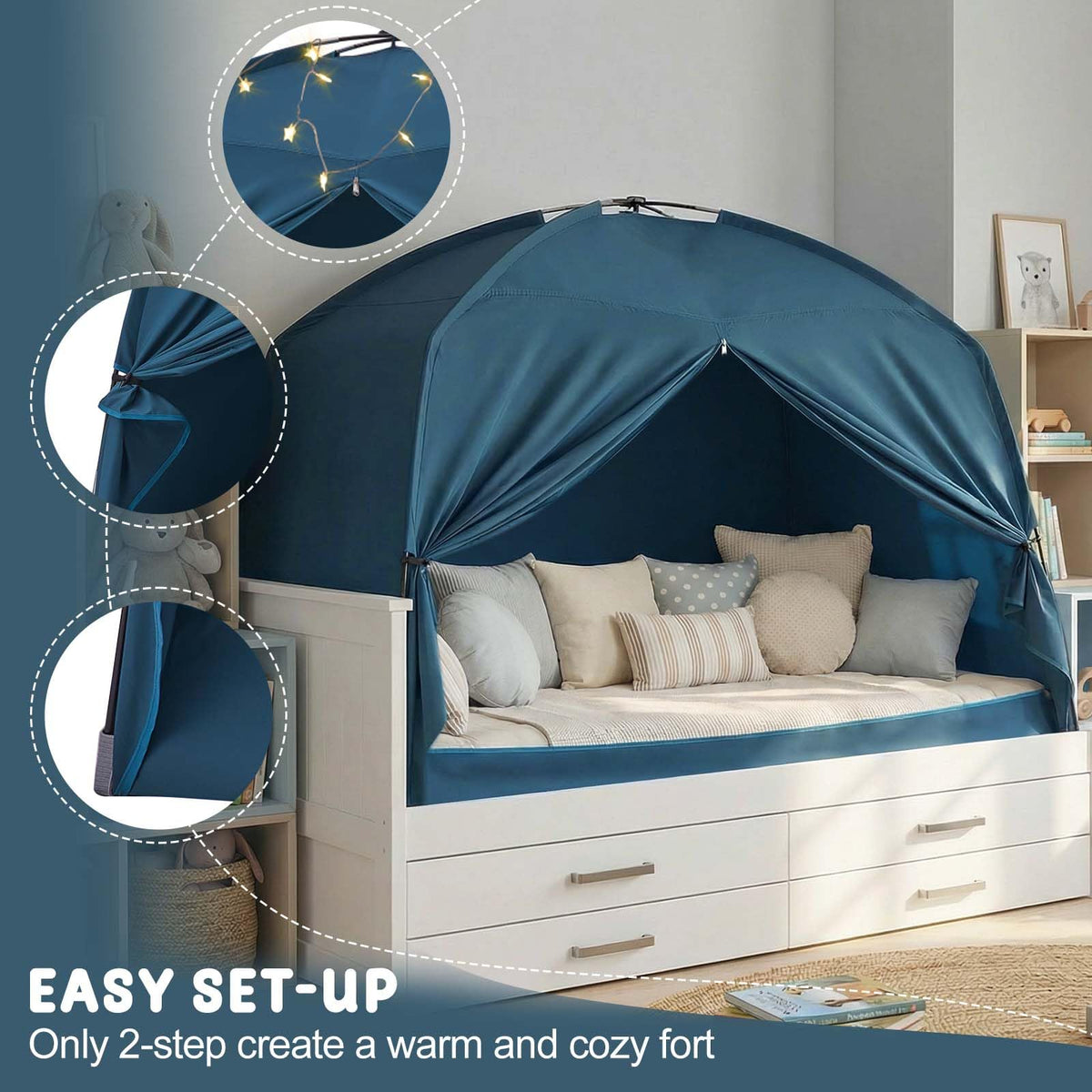 Golden Mars bed tent fits over a twin mattress for space-saving use