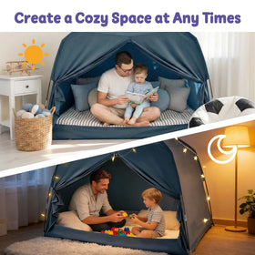 Golden Mars blue tent provides a private hideaway for reading and naps