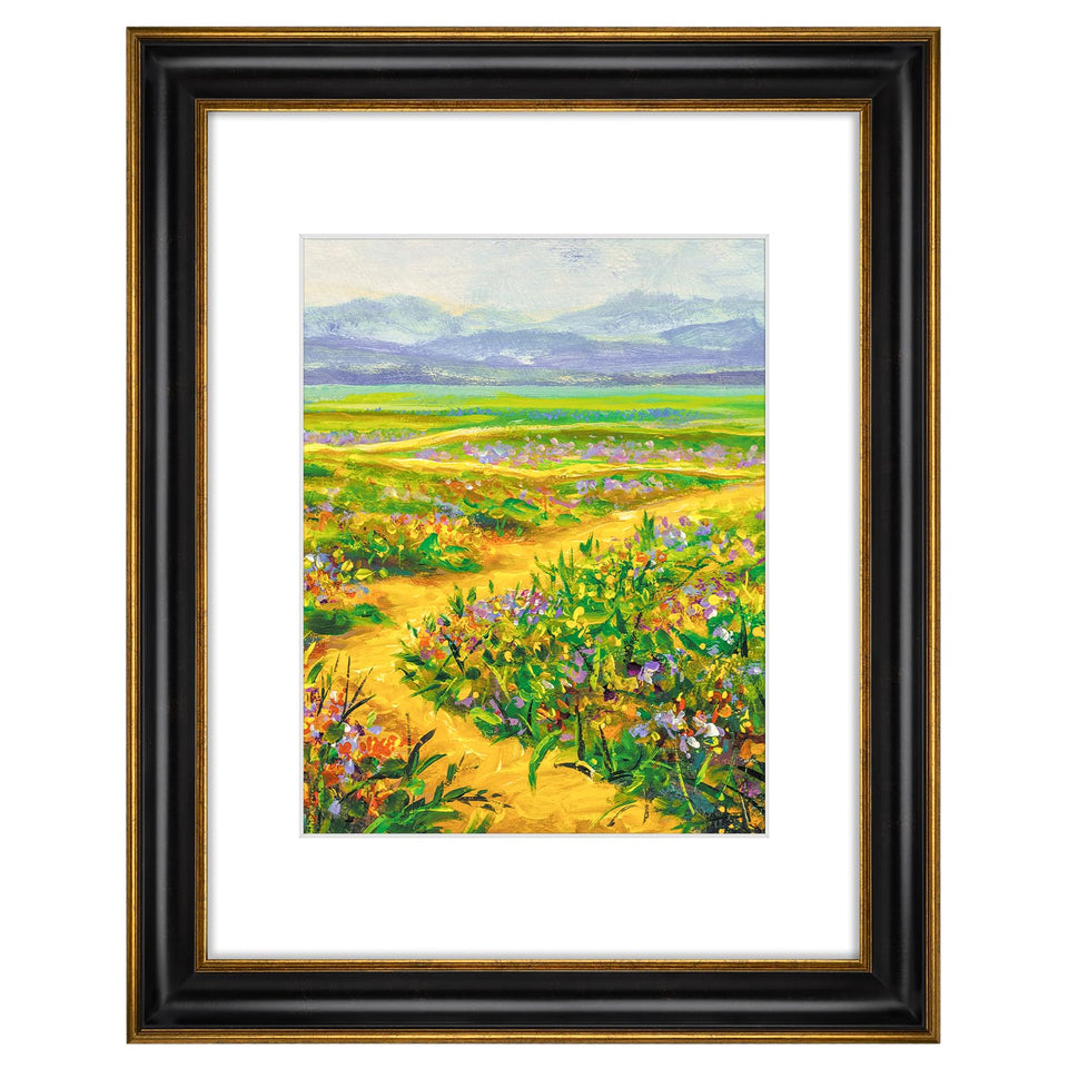 Golden State Art 11x14 frame front view in black with antique gold trim, great for feature wall displays.