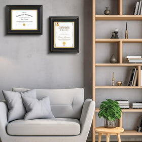 Golden State Art diploma frame black over gold mat closeup, elegant contrast enhances certificate visibility.