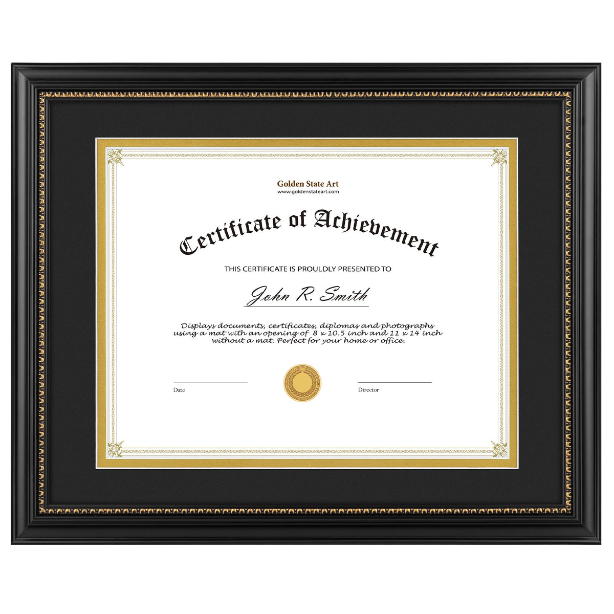Golden State Art diploma frame in black wood, front view, showcasing durable construction for 8.5x11 or 11x14 diplomas.
