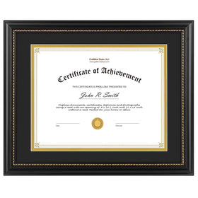 Golden State Art diploma frame in black wood, front view, showcasing durable construction for 8.5x11 or 11x14 diplomas.