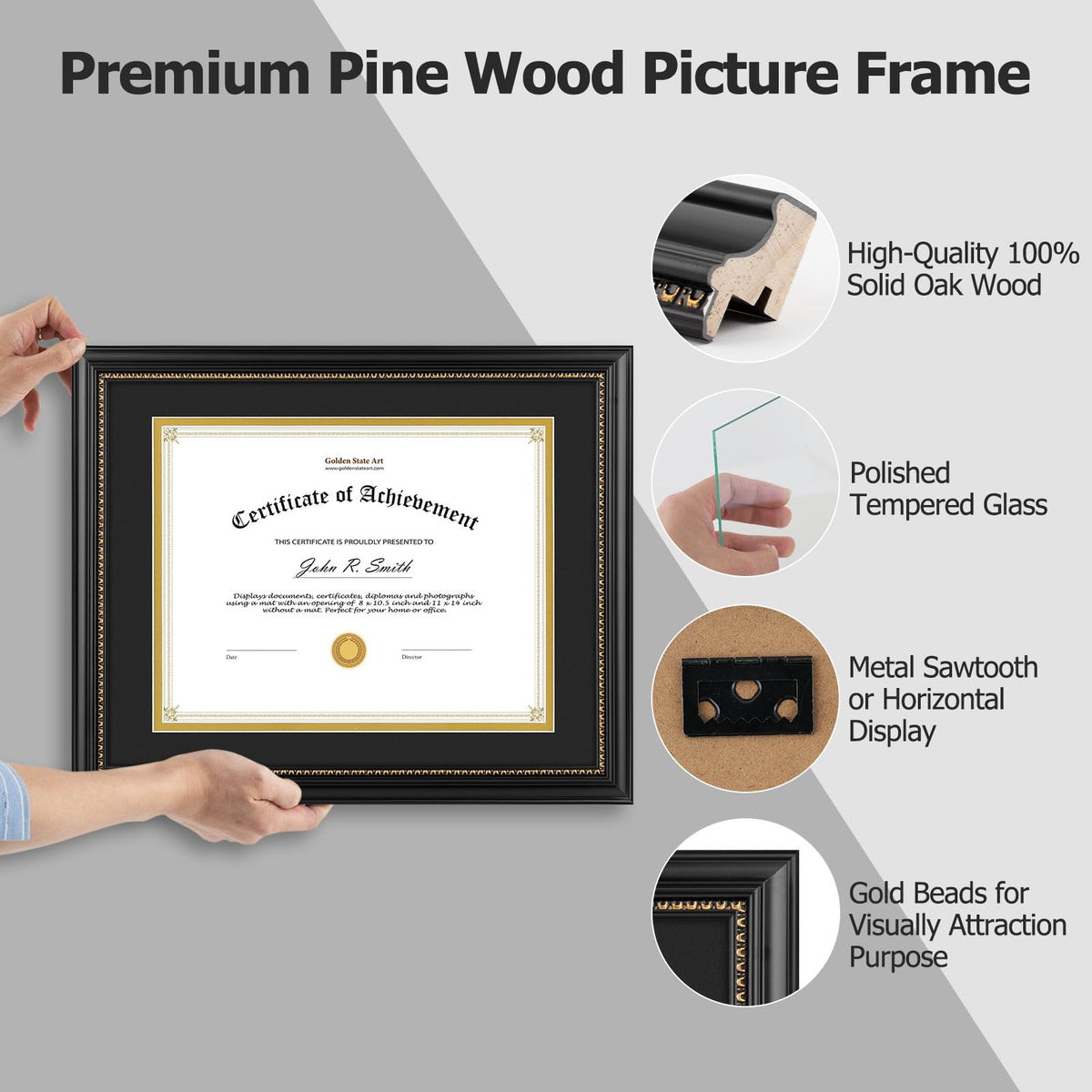 Golden State Art frame shows glass front with protection and clarity.