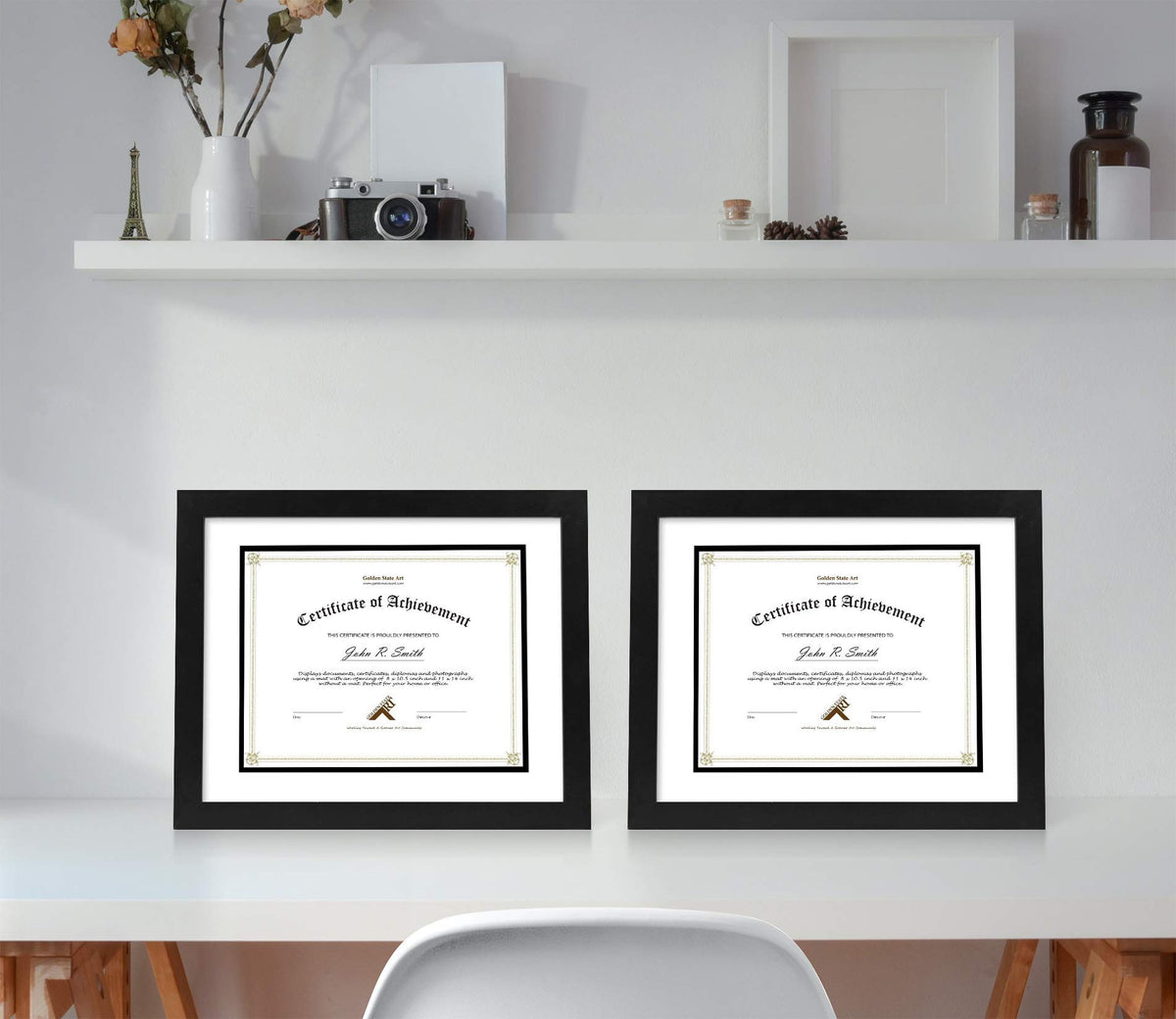 Golden State Art frame highlights 8.5x11 documents with white over black double mat