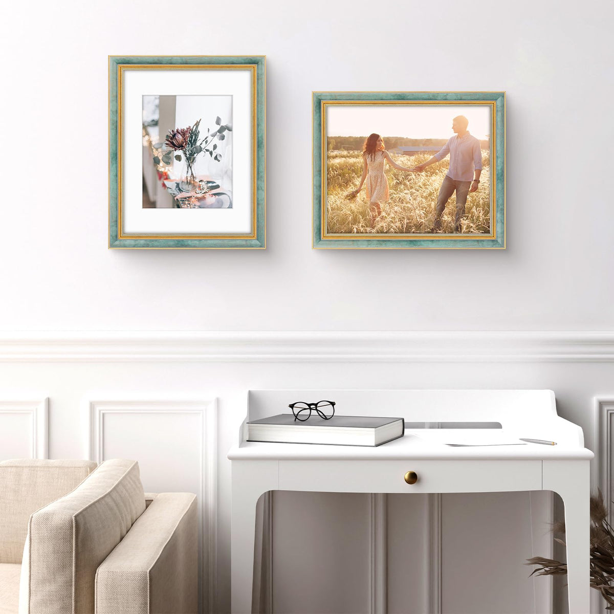 Golden State Art ornate frame with real glass front protecting photos.