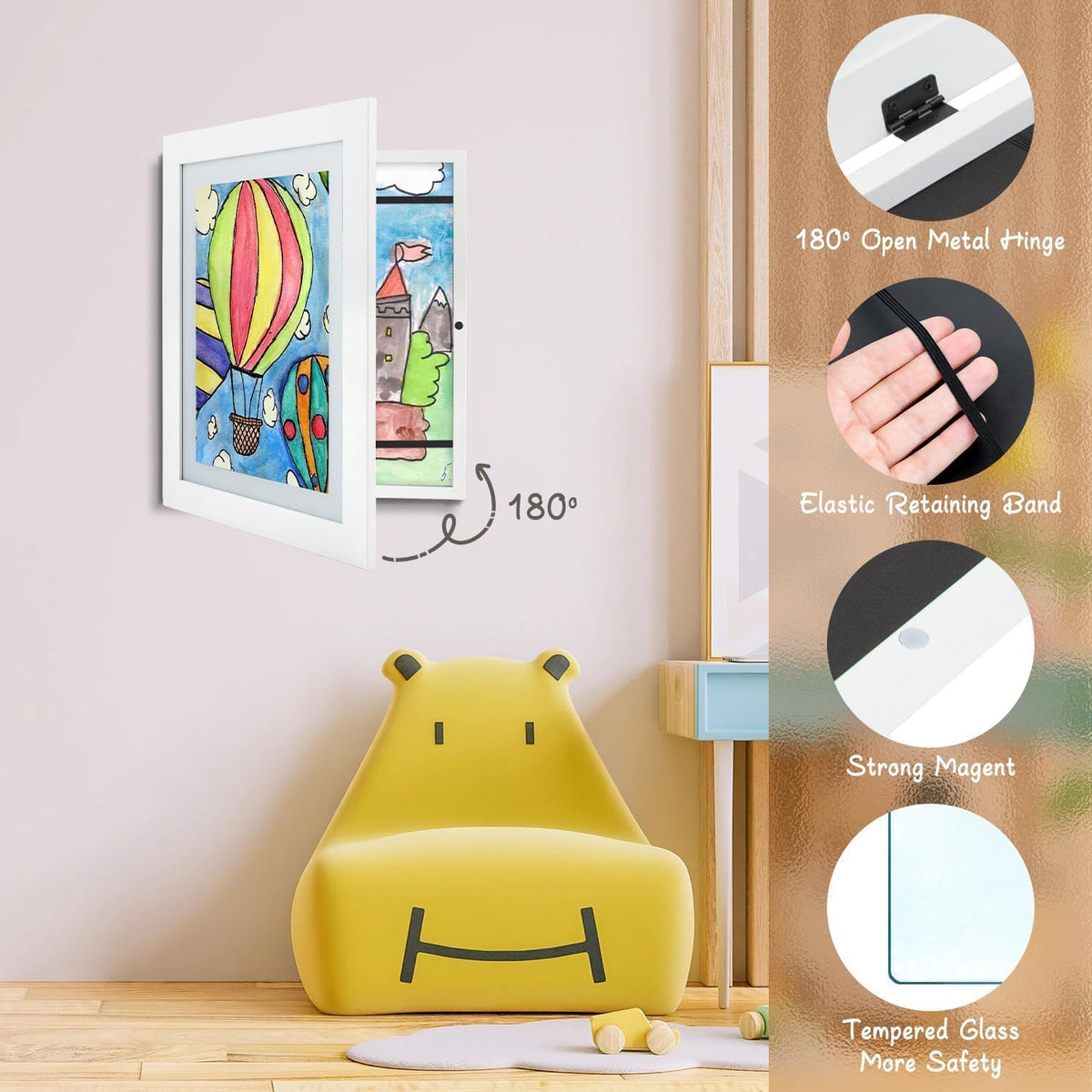 Golden State Art wall display with child art in white frames for bright decor.