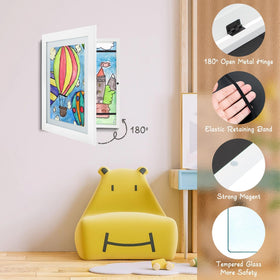Golden State Art wall display with child art in white frames for bright decor.