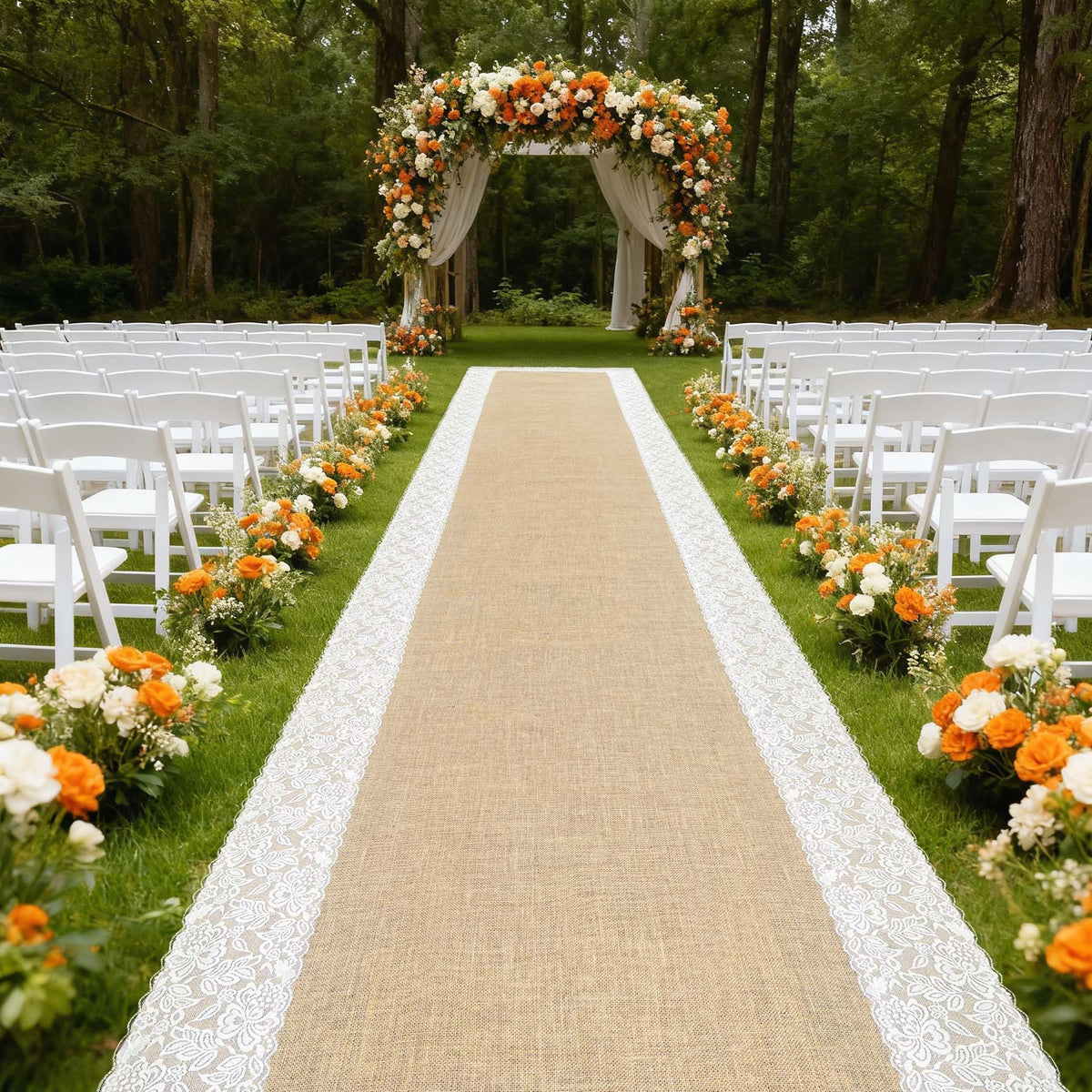 GoldenXin aisle runner with lace edge enhances ceremony ambiance.