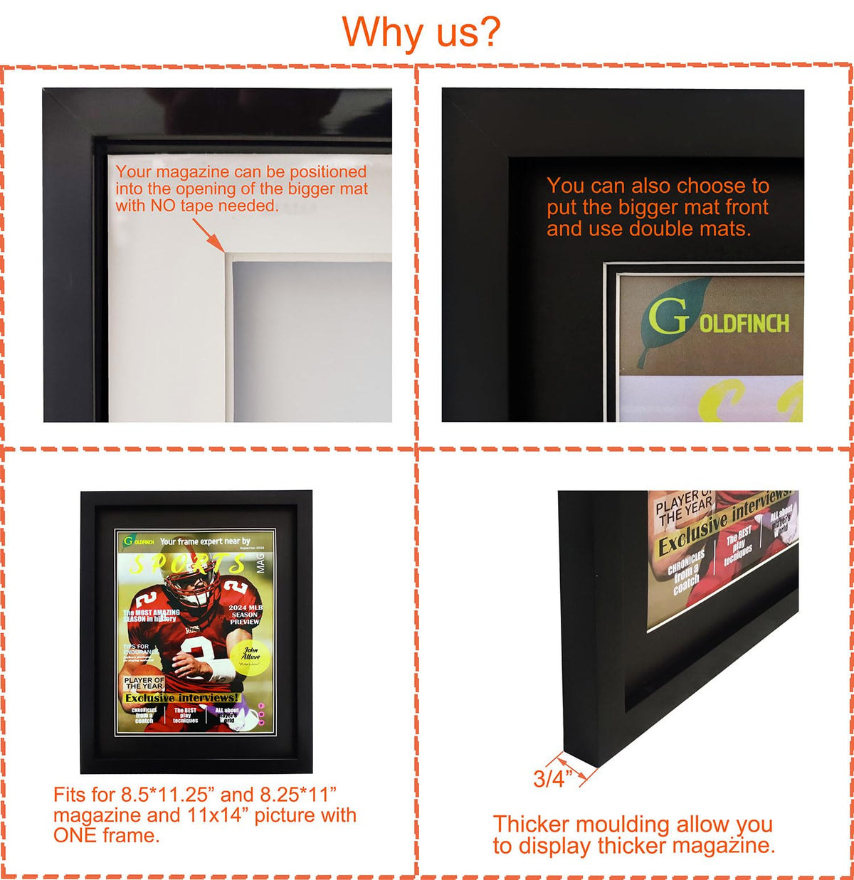 Goldfinch frame with double black matting highlights magazine covers.