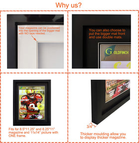 Goldfinch frame with double black matting highlights magazine covers.