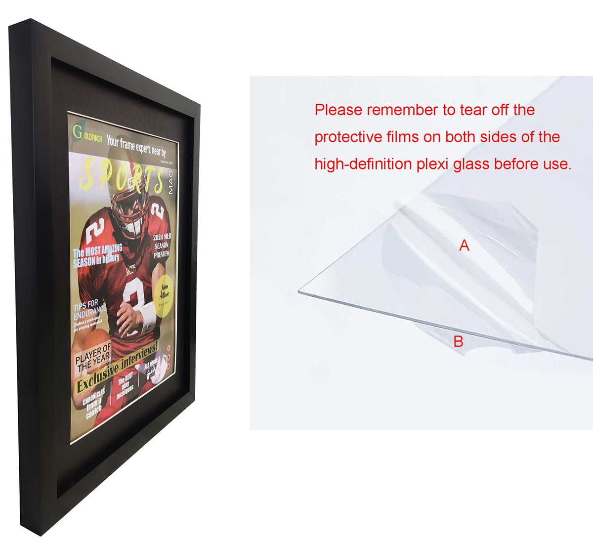 Goldfinch frame installed hangers simplify wall display setup.