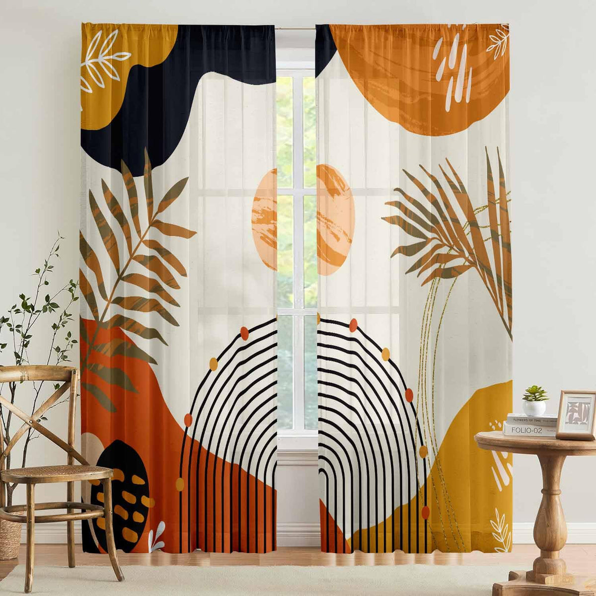 GOLDLAWN boho abstract leaves curtains burn orange 52x84-inch, soft light filtering for cozy rooms.