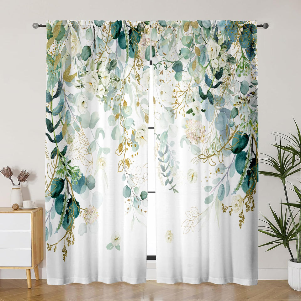 GOLDLAWN Gold Green Curtains leaf pattern enhances living room ambiance.