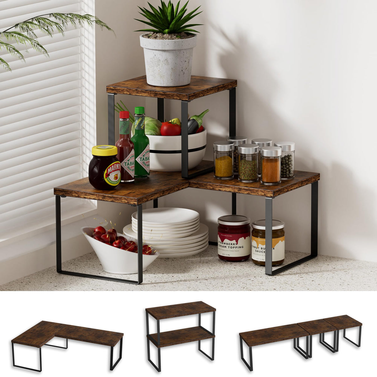 Golener corner-shelf-setup provides compact kitchen storage for spices.