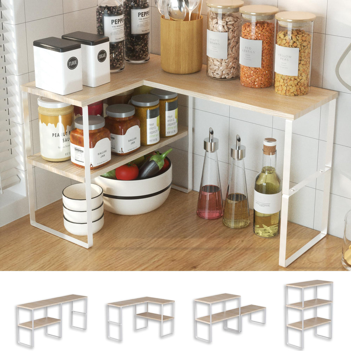 Golener countertop organizer corner shelf 2-tier in natural beige holds spices neatly.