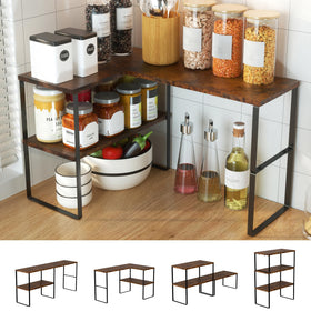 Golener two-tier corner shelf in rustic brown over counter for organized storage