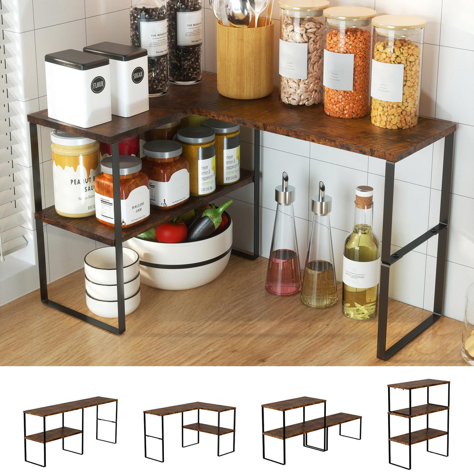 Golener two-tier corner shelf in rustic brown over counter for organized storage