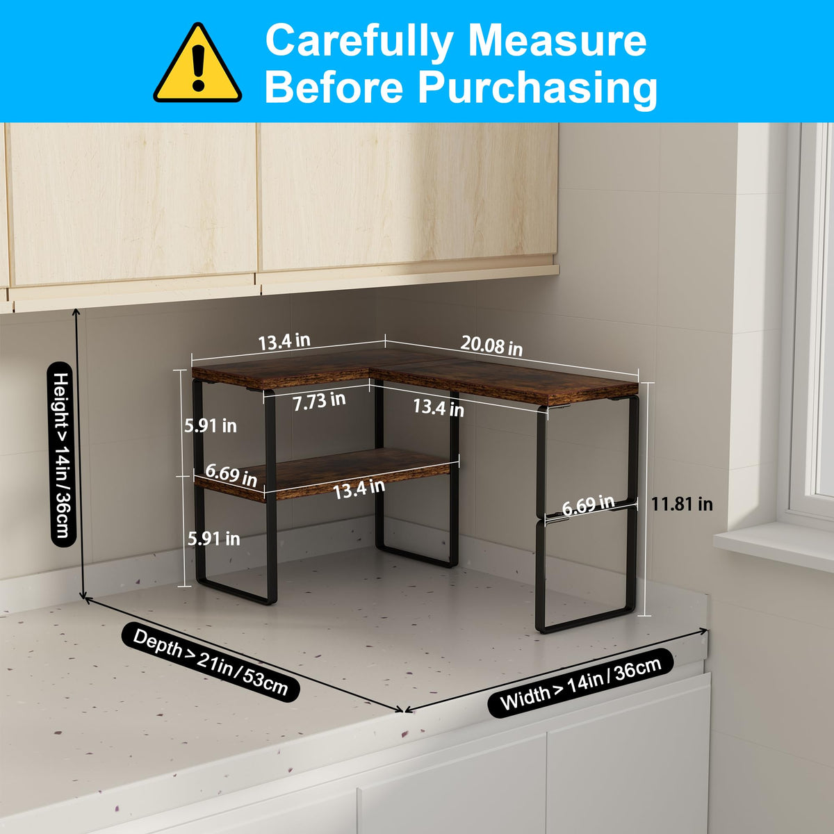 Golener Countertop Organizer Corner Shelf side profile highlights sturdy wood and metal design.