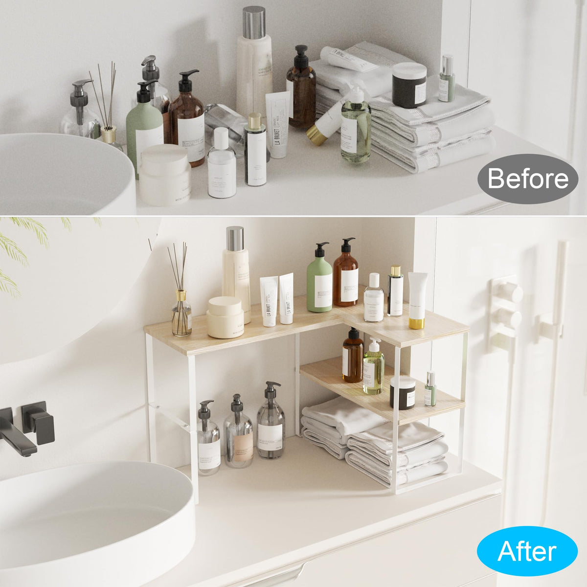 Golener dresser table corner shelf provides neat surface storage for accessories.