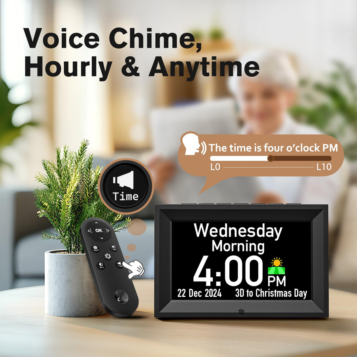 GOLOZA clock side controls with easy-access buttons and remote for seniors
