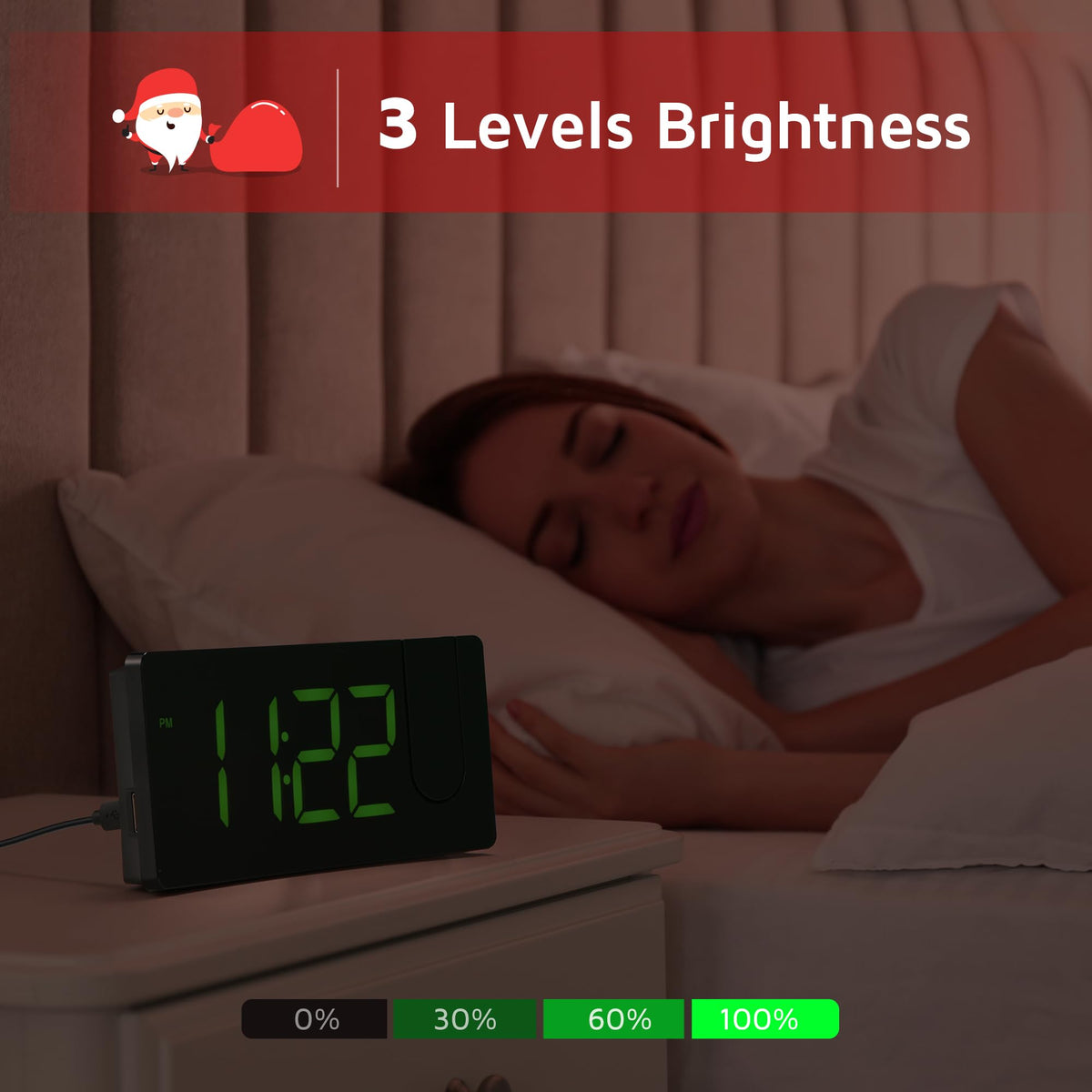 GOLOZA projection alarm clock offering three brightness levels with separate display controls