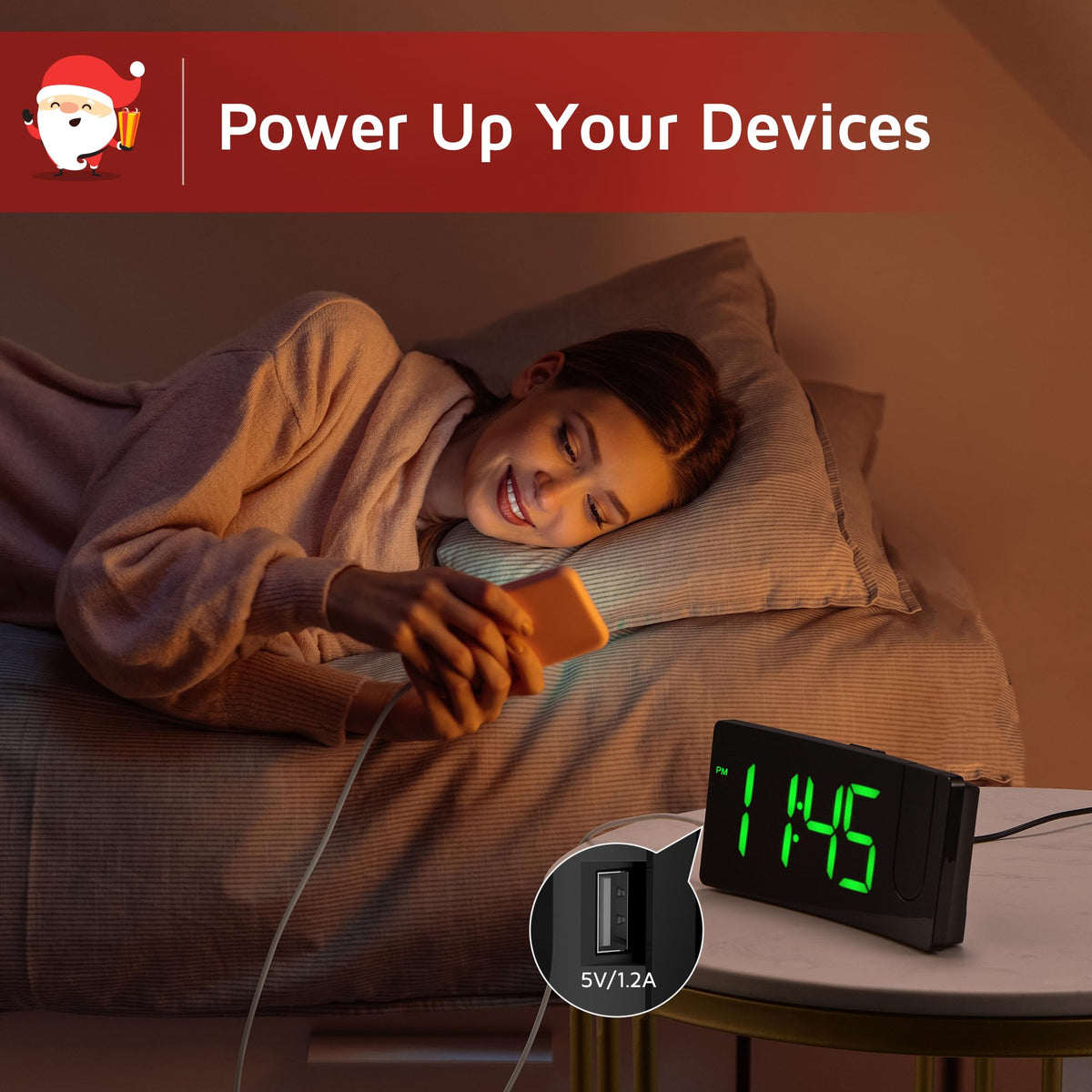 GOLOZA projection alarm clock USB charging port for devices at the bedside