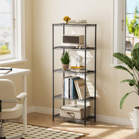 Golpart 5-tier shelving side view, stable frame for heavy items.