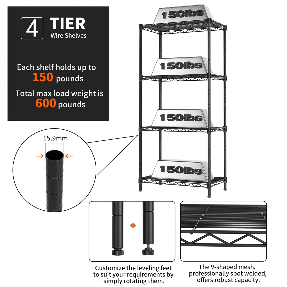 Golpart adjustable feet adapt to uneven floors for stability.