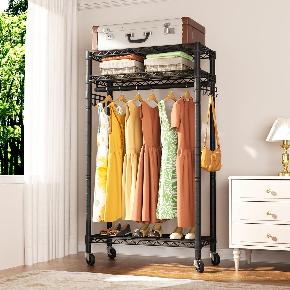 Golpart portable wardrobe rack in a laundry or hallway setting.