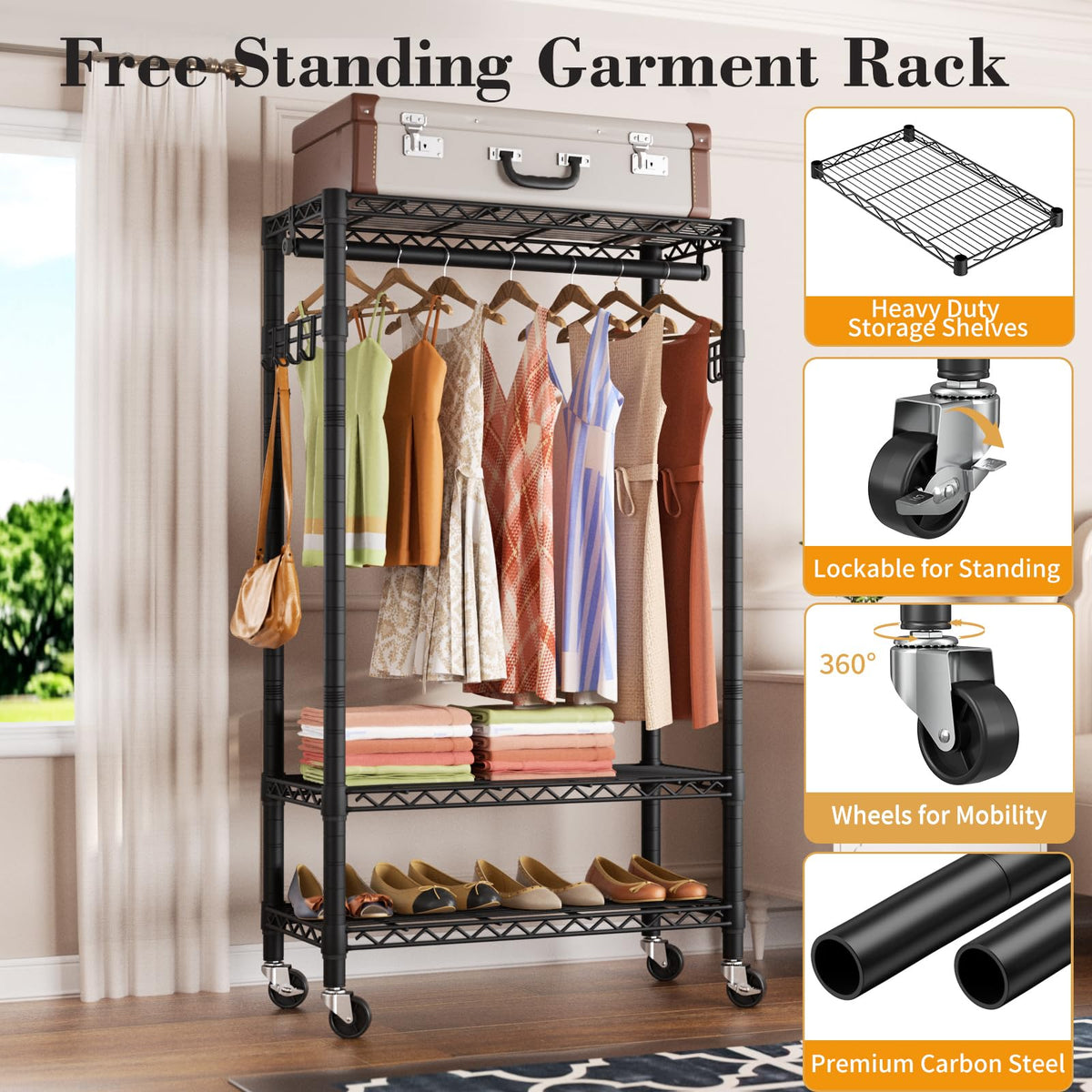 Golpart rack with side hooks for quick access to accessories.