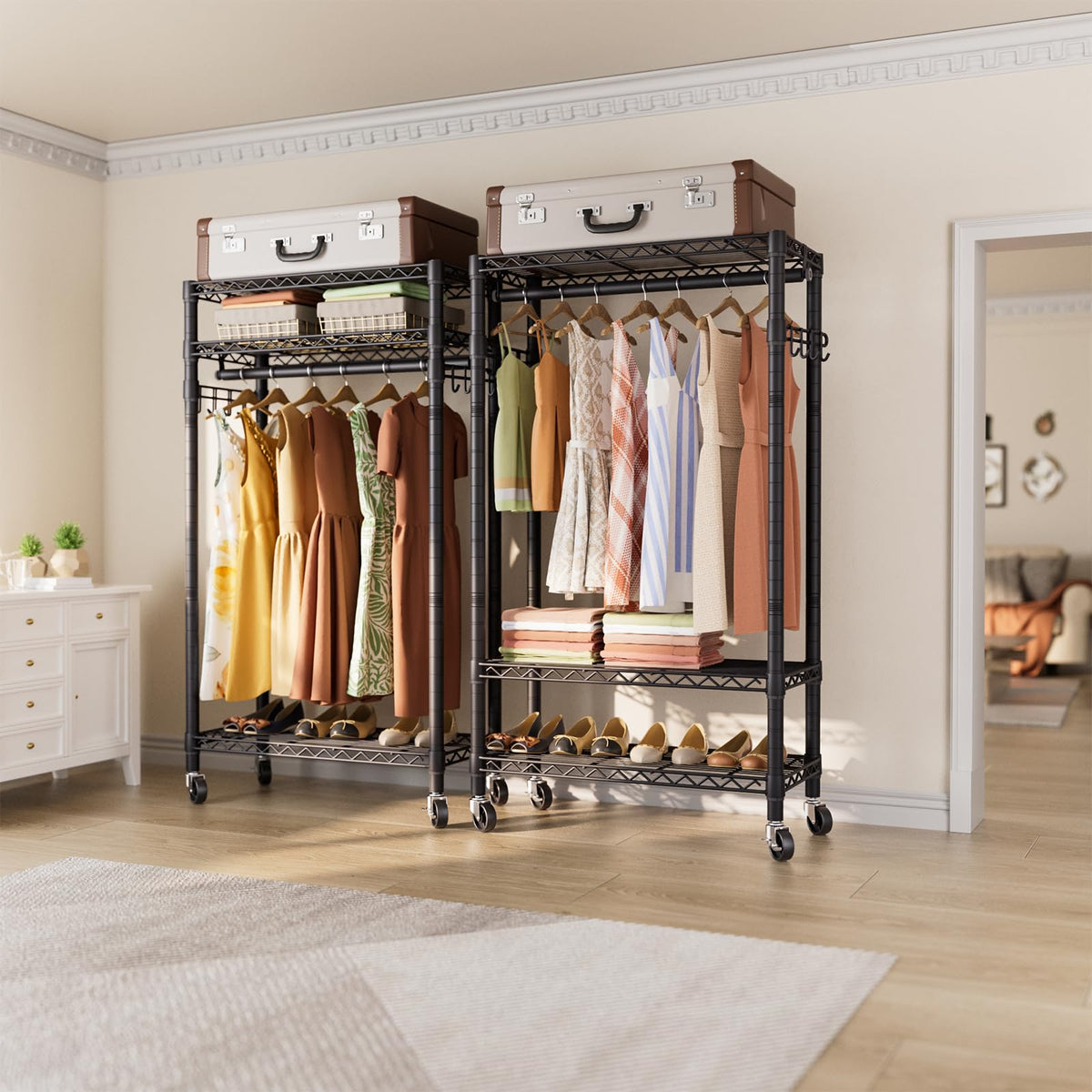Golpart rolling rack side view with three tiers for organized storage.