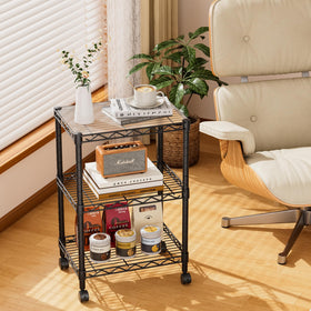 Golpart metal shelving in kitchen demonstrates versatile organization.