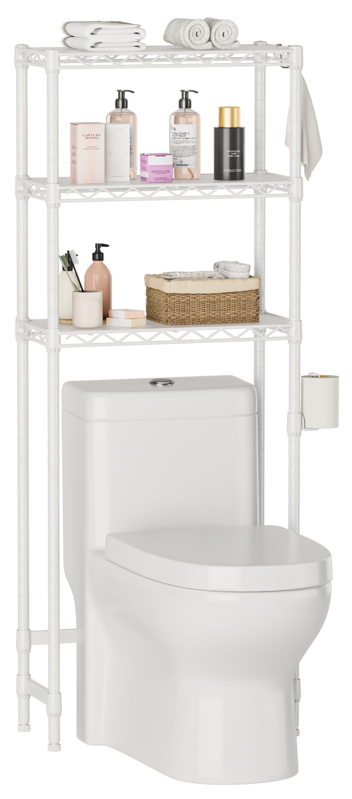 Golpart over-the-toilet shelf front view saves space in compact bathrooms.