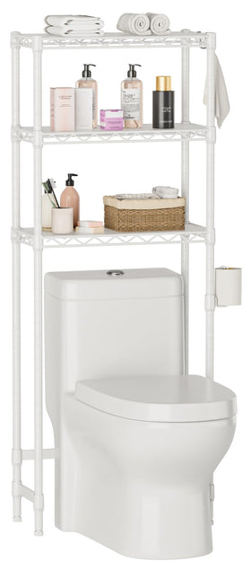 Golpart over-the-toilet shelf front view saves space in compact bathrooms.