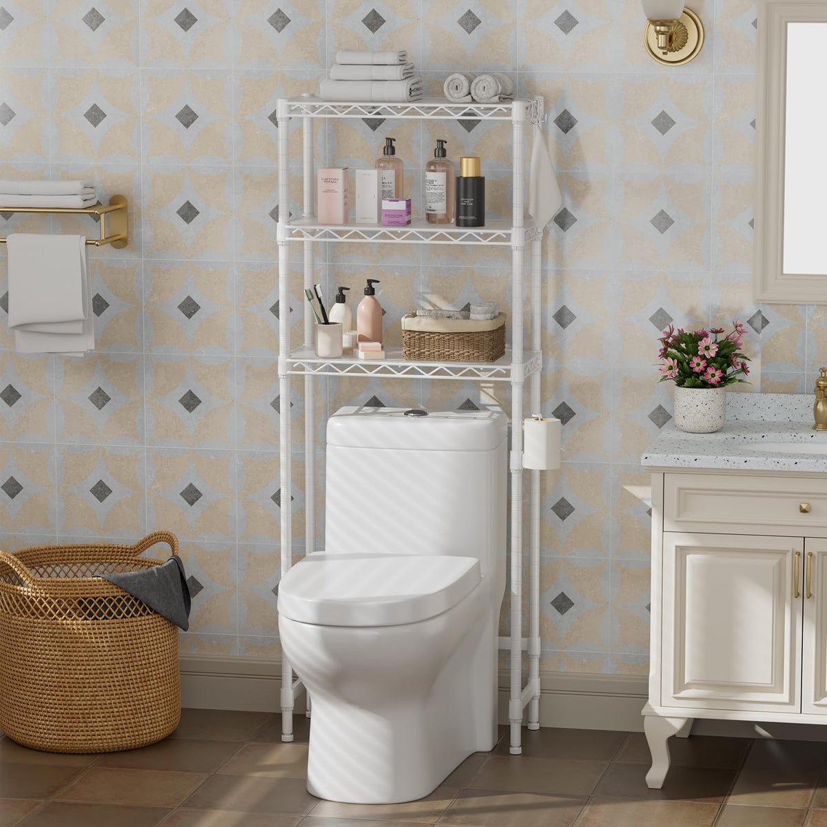 Golpart over-the-toilet shelf side view highlights adjustable height options.