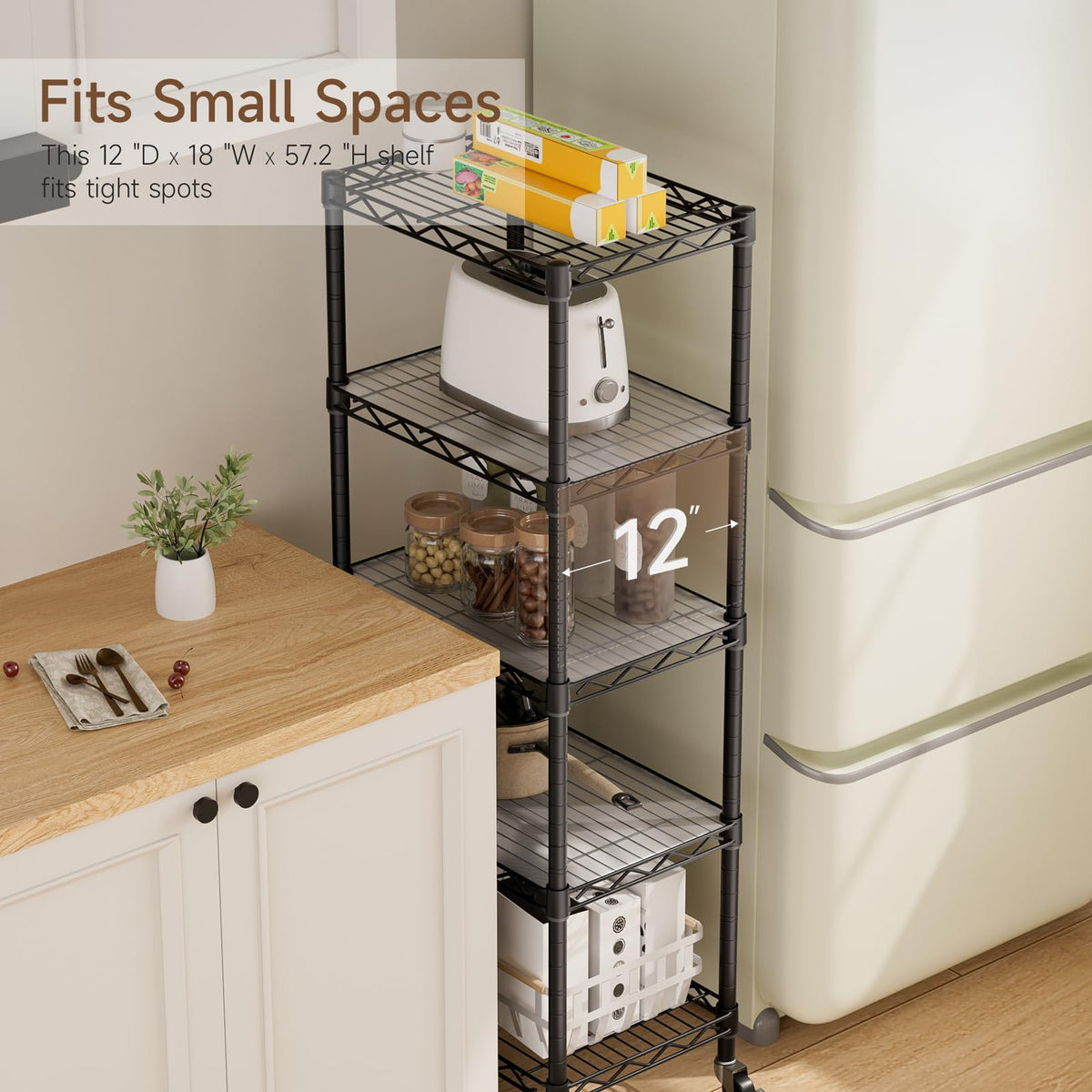Golpart shelf adjustable height enables custom fit for various items.