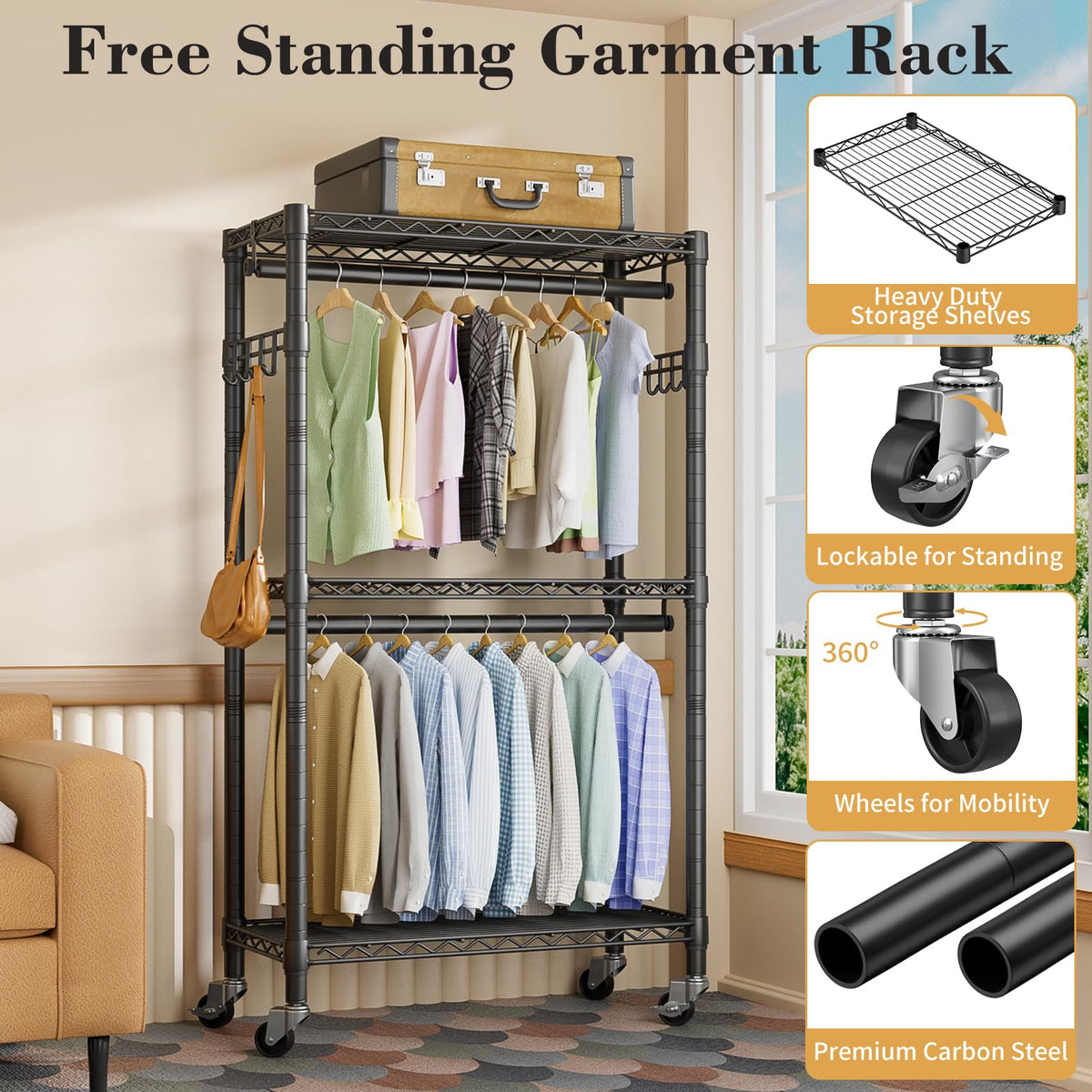 Golpart sturdy black steel frame delivers durable wardrobe storage.