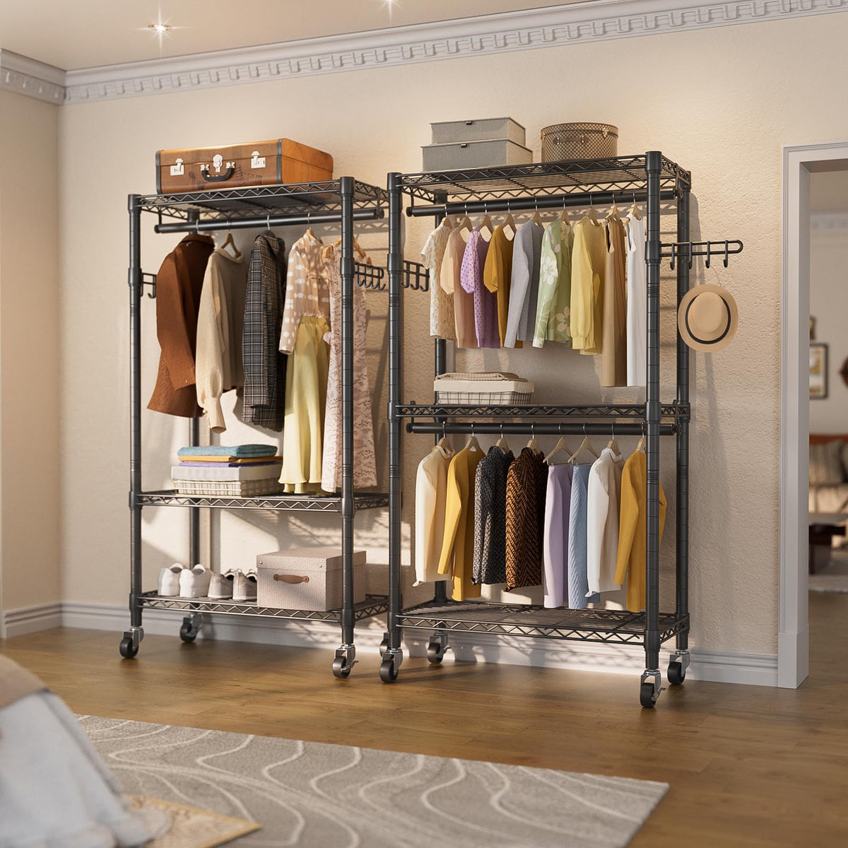 Golpart three-tier adjustable shelves optimize space for shoes and folded items.