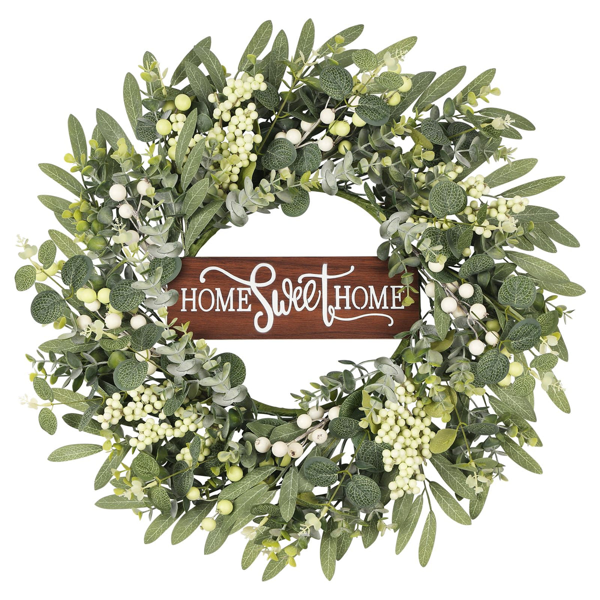 GOLUTYOK artificial eucalyptus wreath on front door enhances curb appeal.