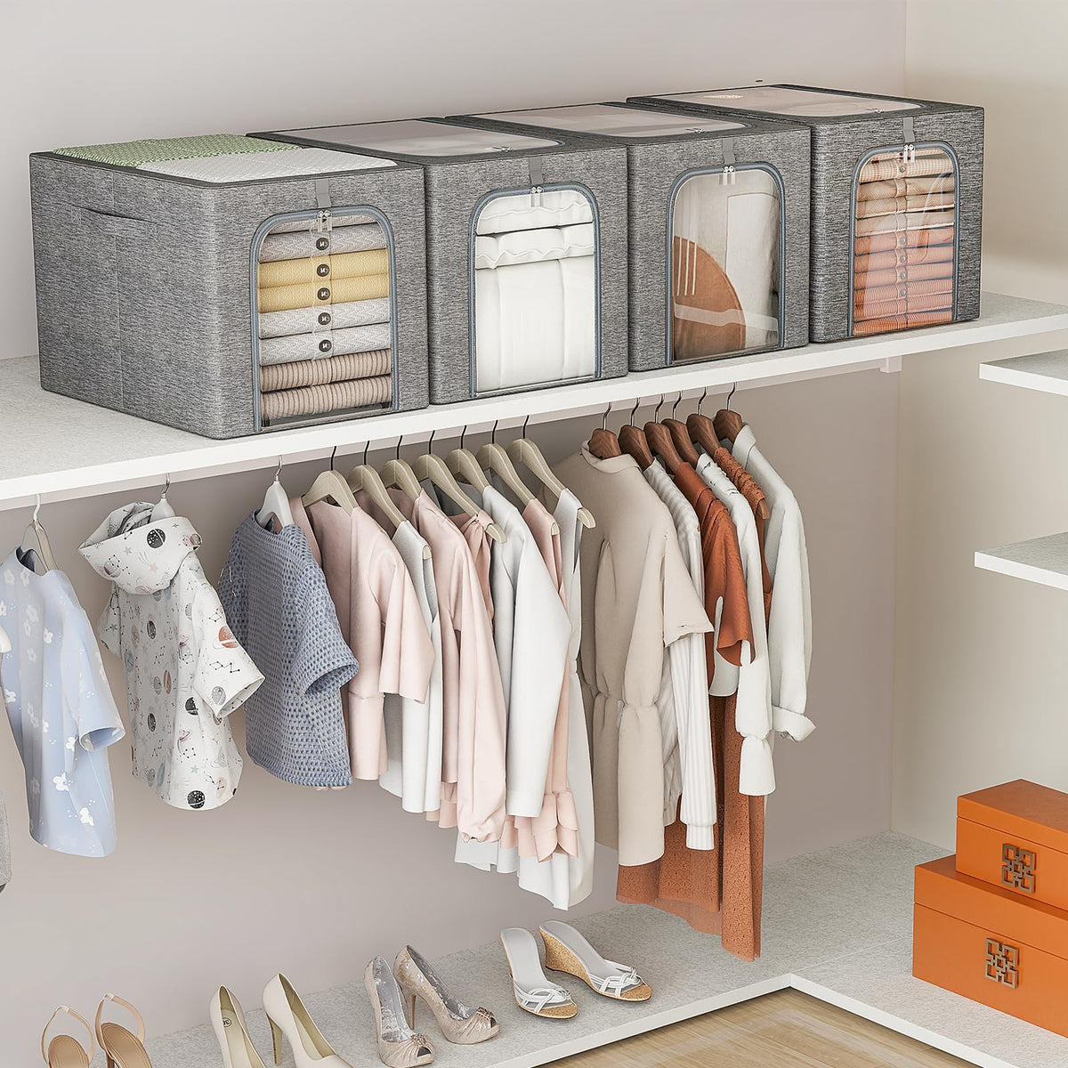 GoMaihe closet with sweaters stored on shelf using 40L bins
