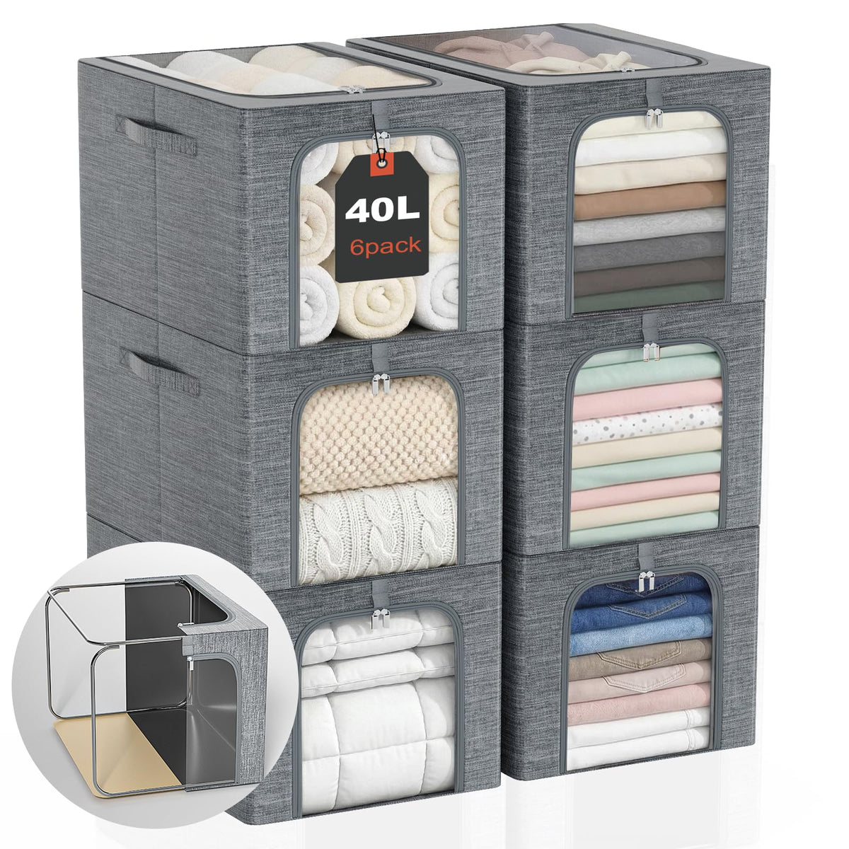 GoMaihe 40L metal-frame bin front view for organized sweaters
