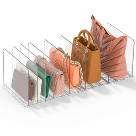 GoMaihe purse storage unit with adjustable dividers keeps bags upright and protected.