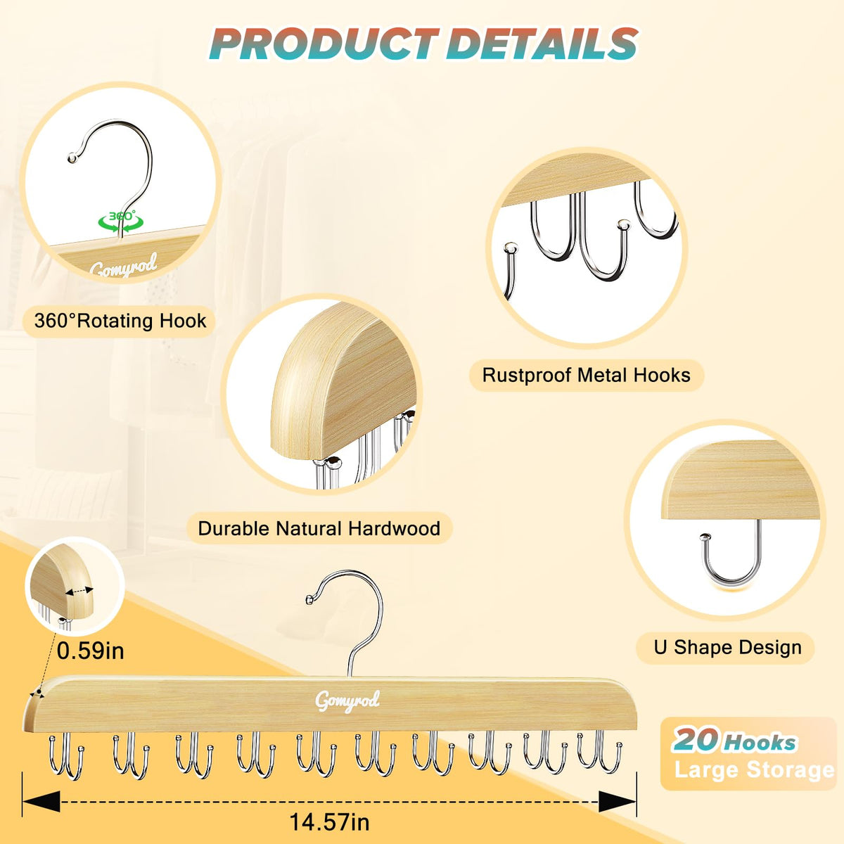 Gomyrod bra-hanger with 20-hooks maximizes capacity for bras and tops.