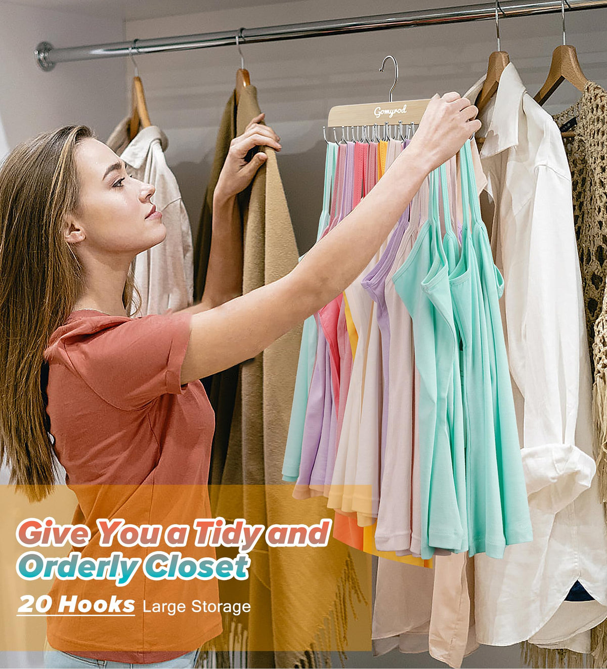 Gomyrod wood-construction closet-organizer in natural finish adds elegance.