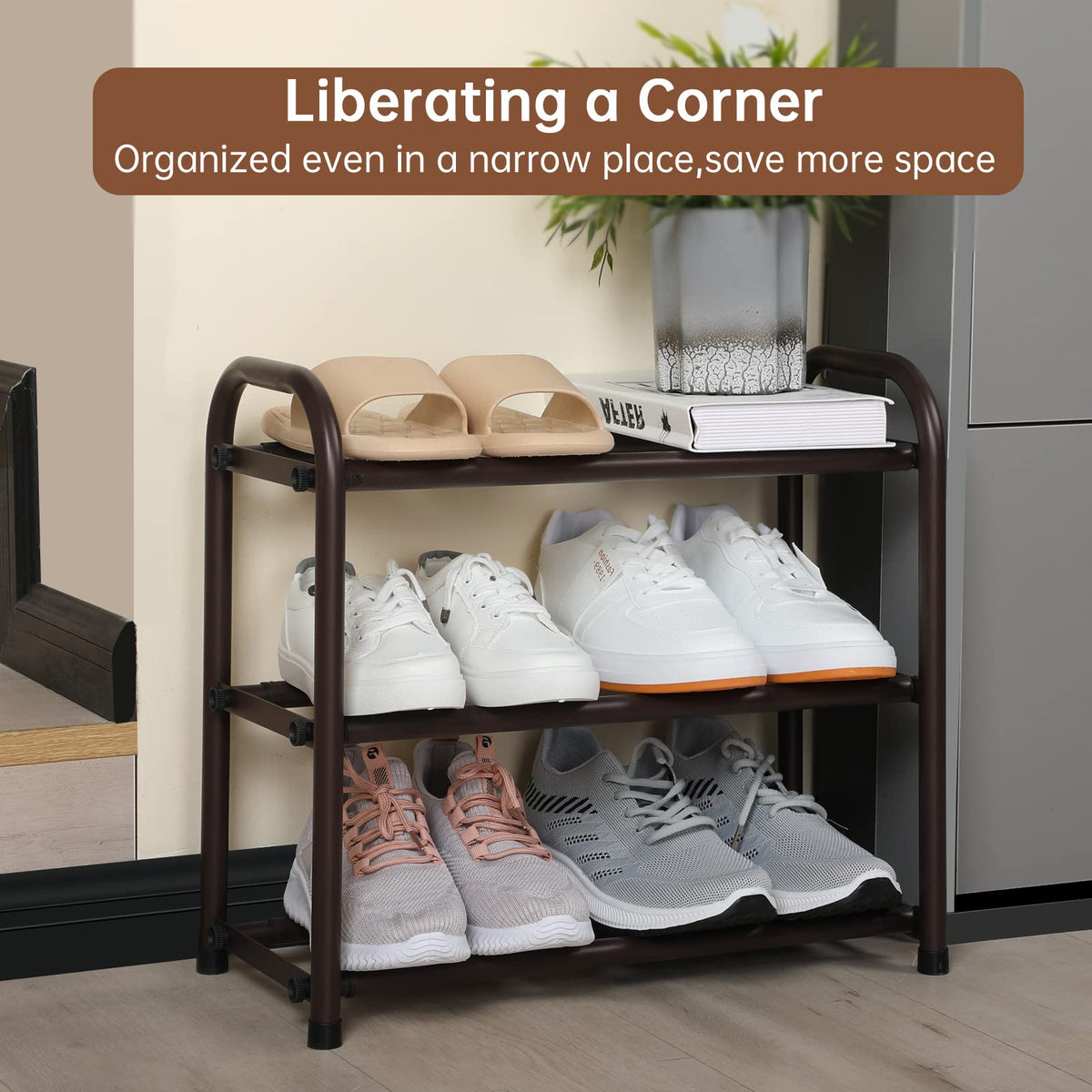 Gonfoam bronze finish complements entryways while keeping shoes organized.