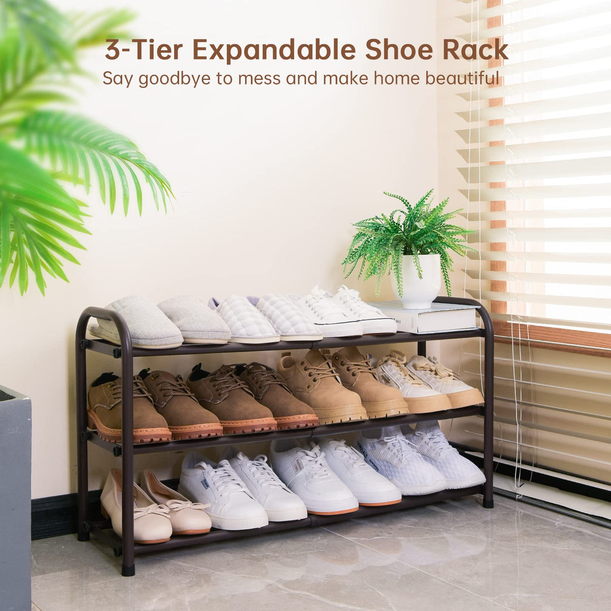 Gonfoam extendable shoe rack shows 33.8-inch length for organized entryways.